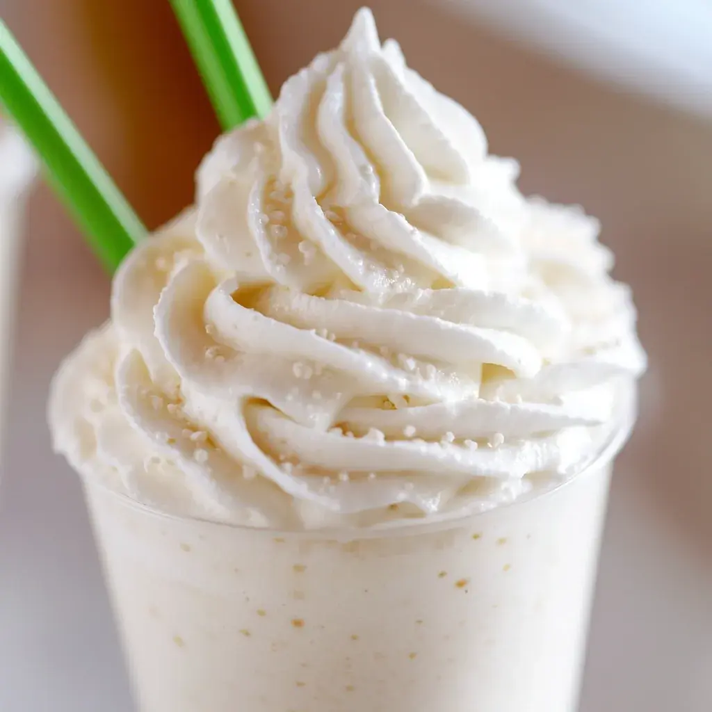 Close-up of a creamy Vanilla Bean Frappuccino in glass, showing the texture and toppings.