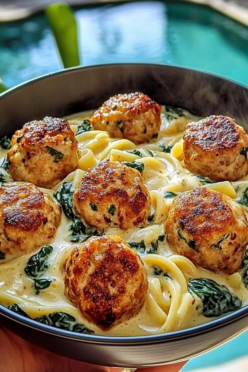 Close-up of chicken ricotta meatballs in a creamy spinach sauce