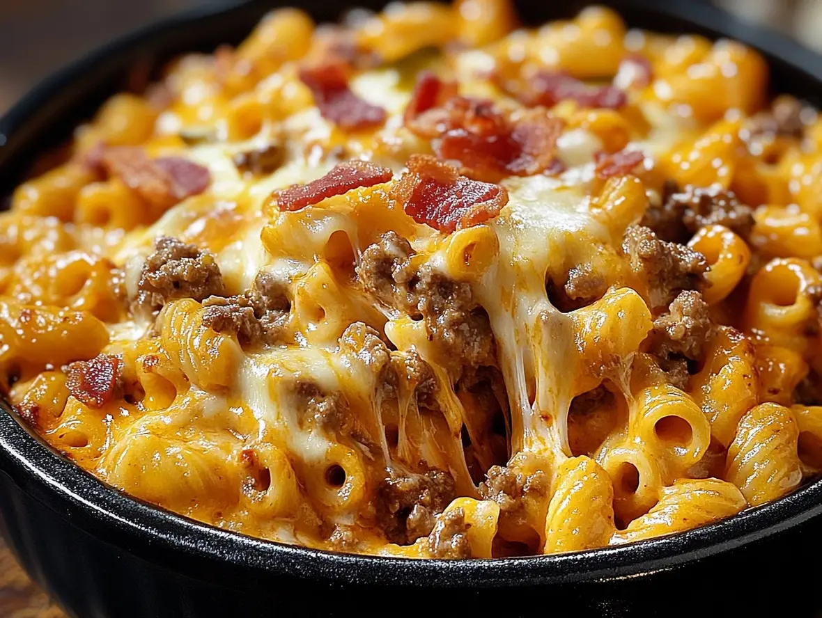 Close-up of a cheesy cheeseburger pasta bowl, garnished with pickles