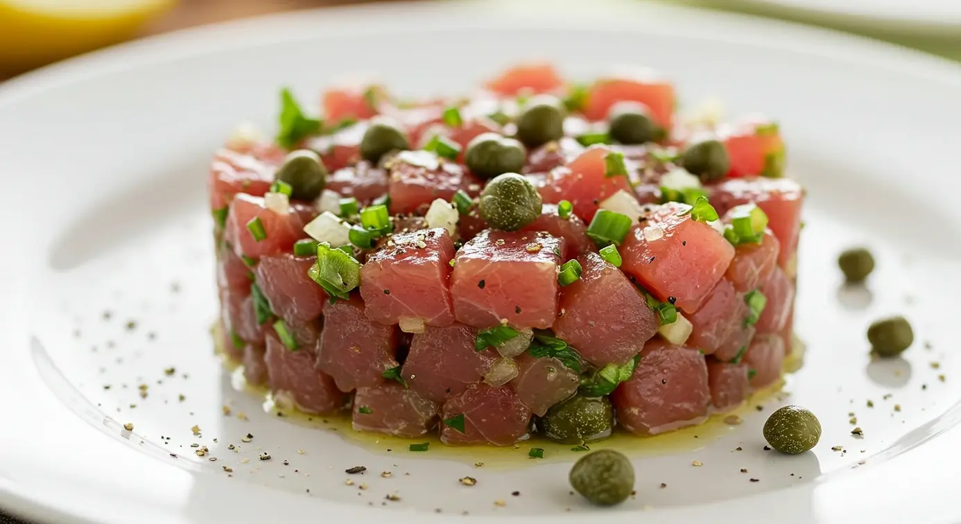 Close-up of tuna tartare ingredients being mixed