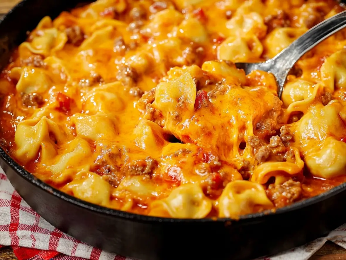 Close-up of creamy Cheeseburger Tortellini in a skillet.