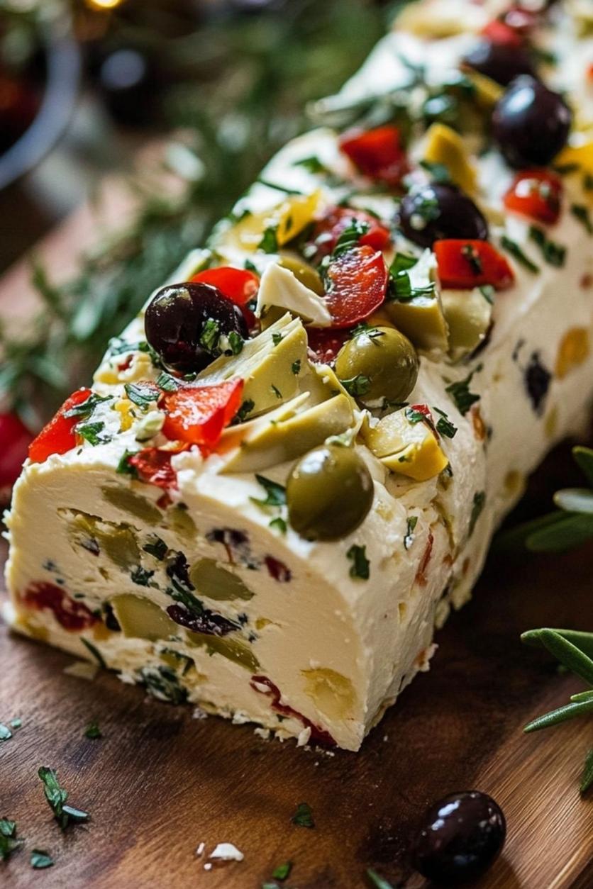 Festive Holiday Antipasto Cream Cheese Log served with crackers and garnishes.