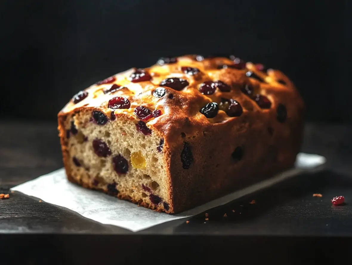 Close-up of a slice of fruit bread, showing the moist crumb and abundance of fruit pieces, perfect for a snack.