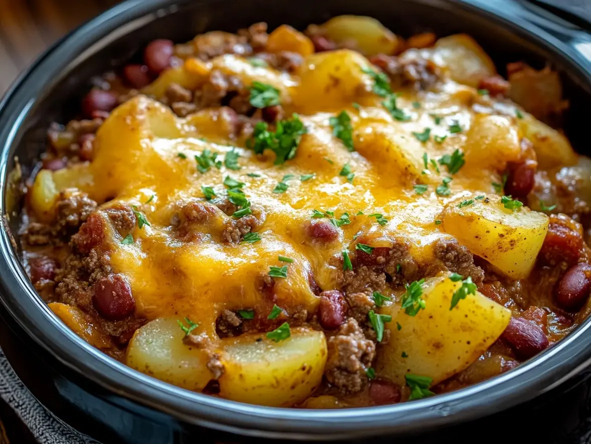 Close-up of creamy Cowboy Potato Casserole in a serving bowl topped with cheese