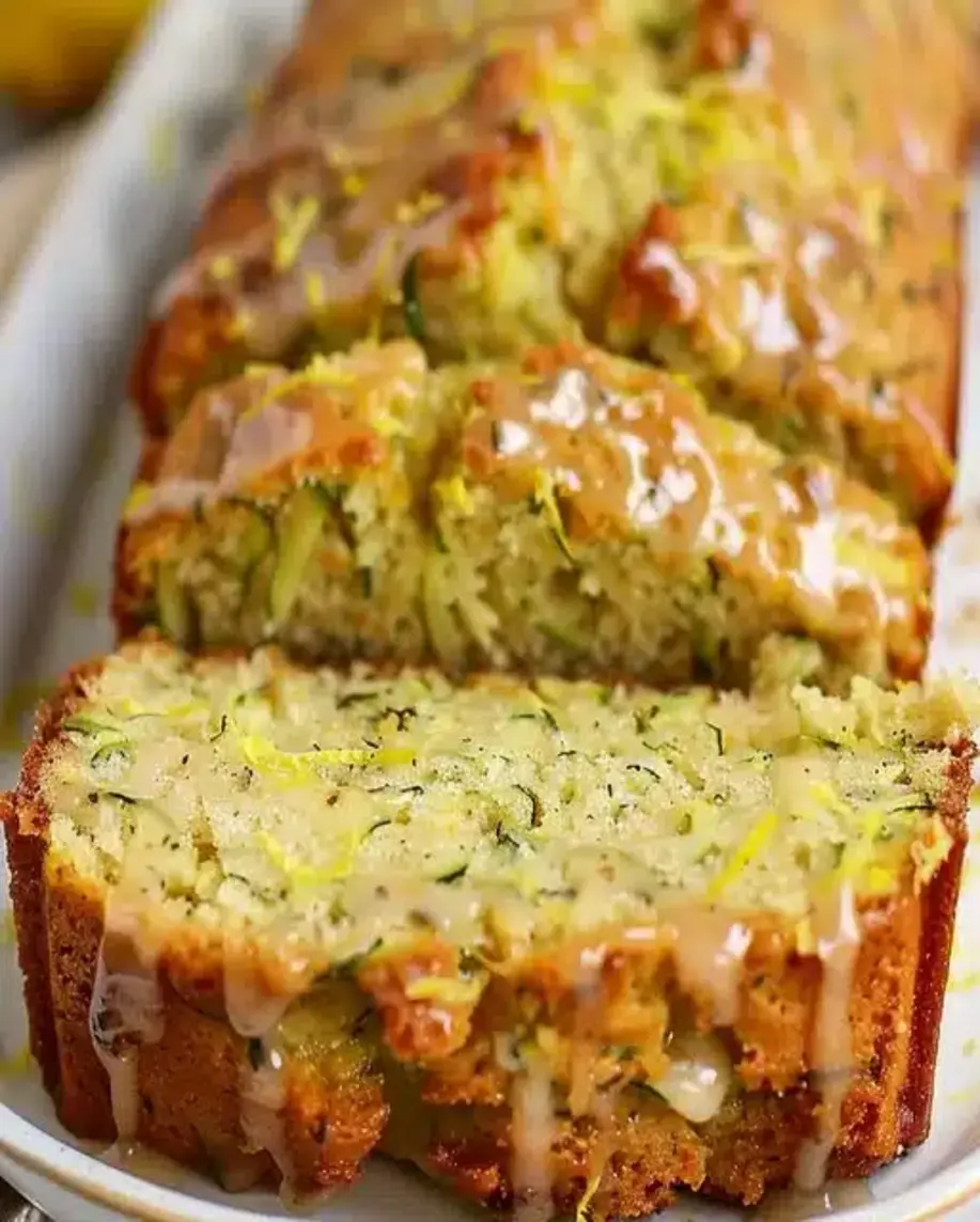 Close-up of a sliced Lemon Zucchini Bread loaf with a fork ready to take a bite.
