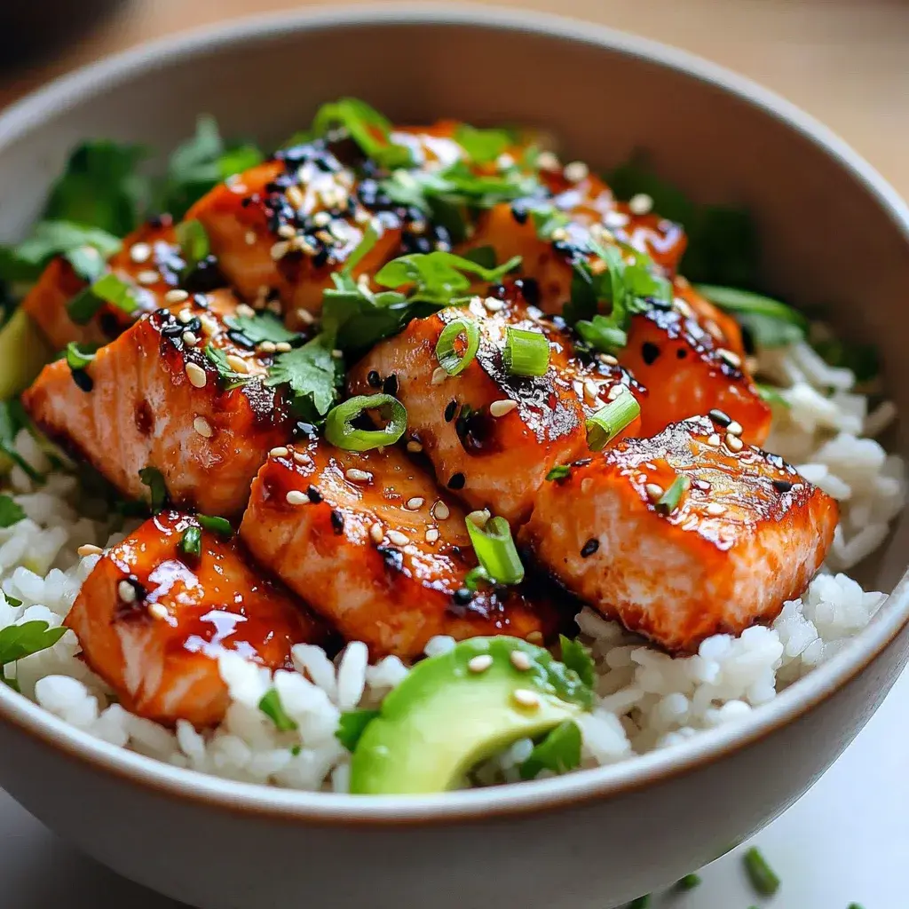 Close-up of a sweet chili salmon bowl with vibrant vegetables and sesame seeds.