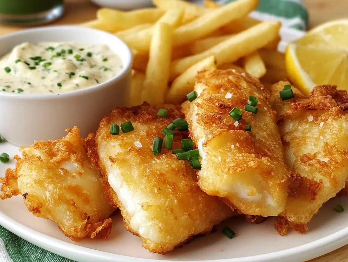 Close-up of crispy fish and chips with potato wedges and a slice of lemon