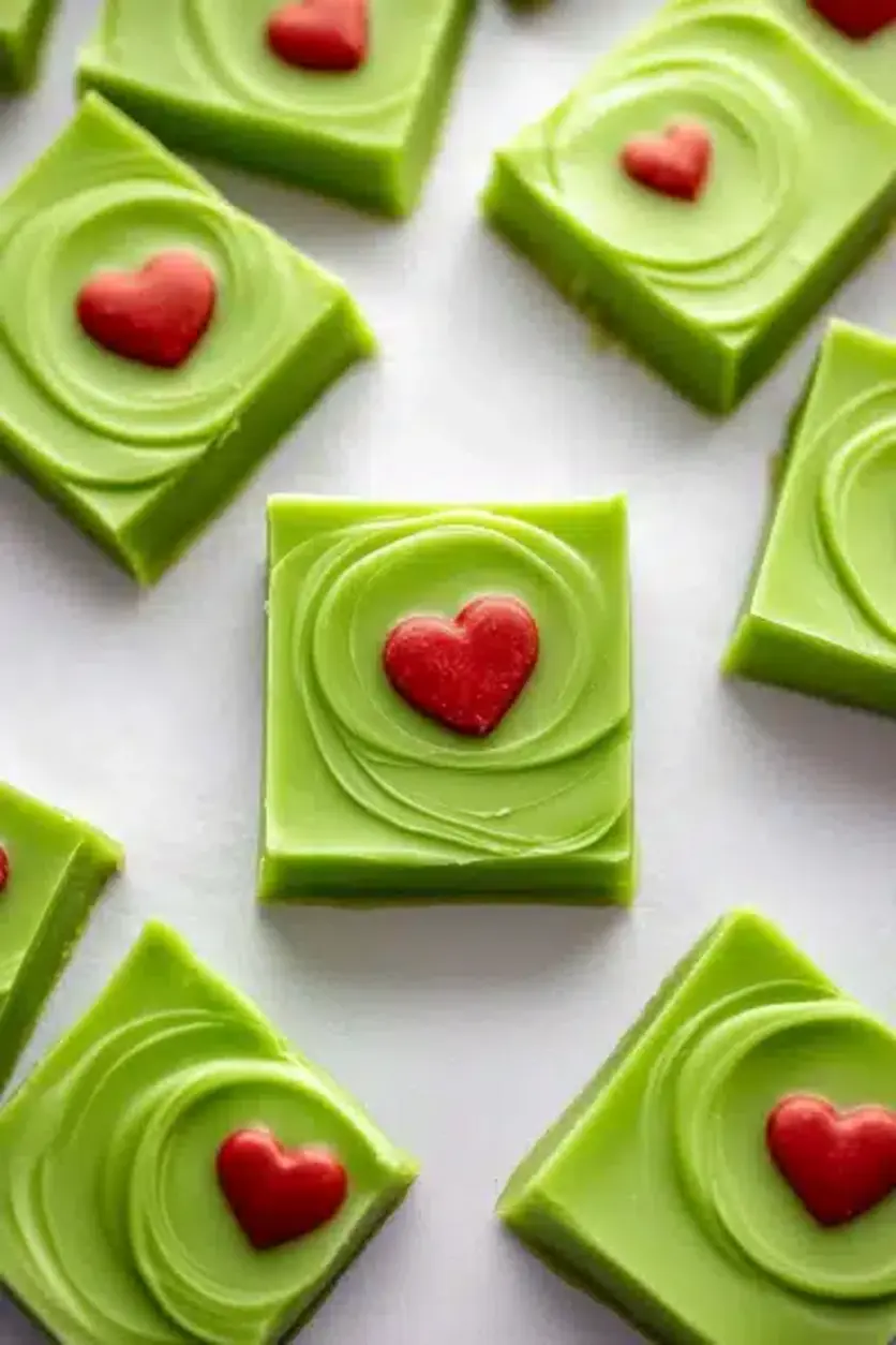 Close-up of Grinch Fudge squares with sprinkles