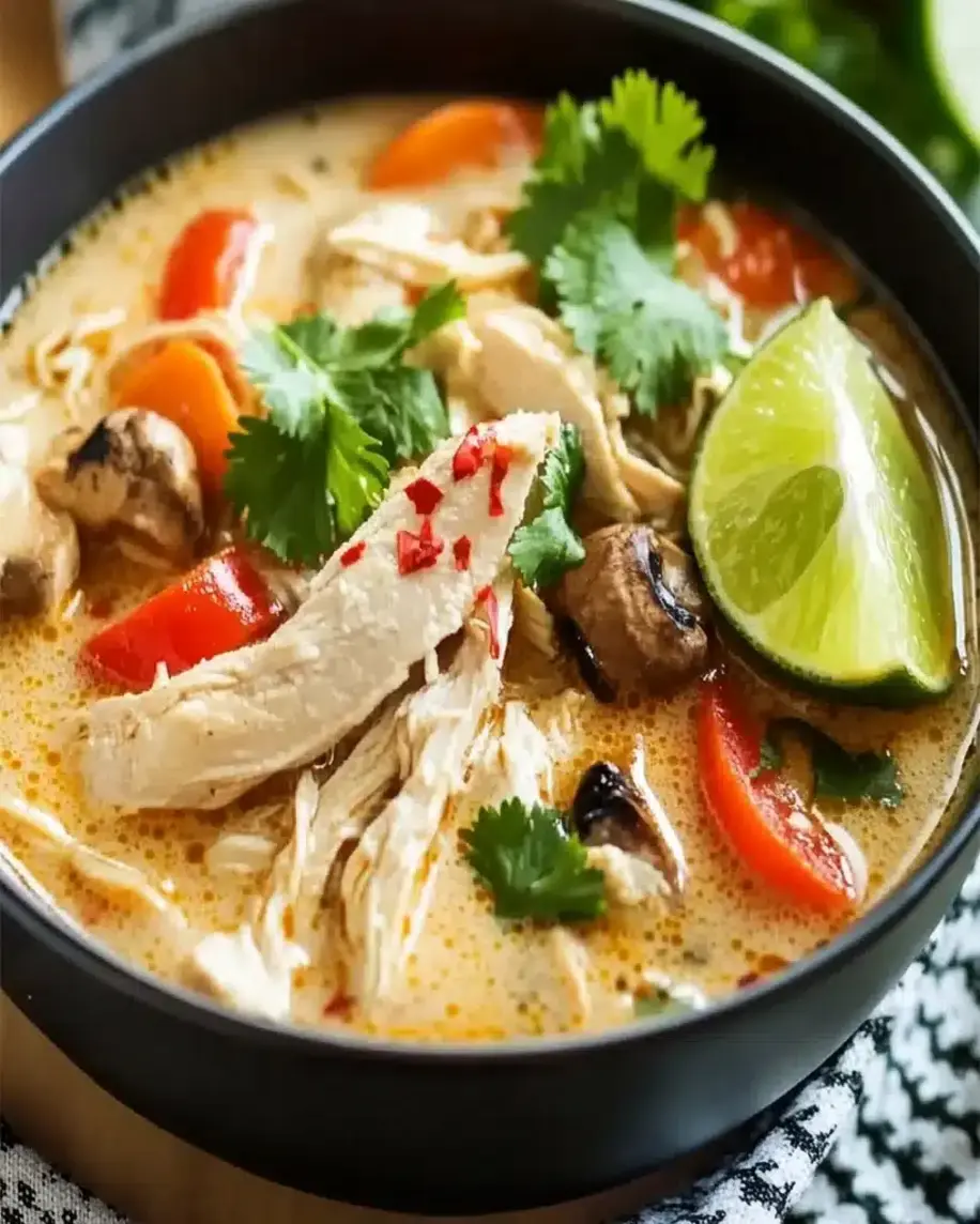 Close-up of the Thai Chicken Soup showing ingredients and broth.