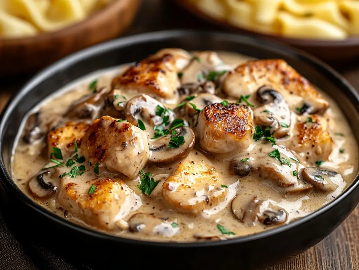 Close-up of creamy chicken stroganoff ready to be served.