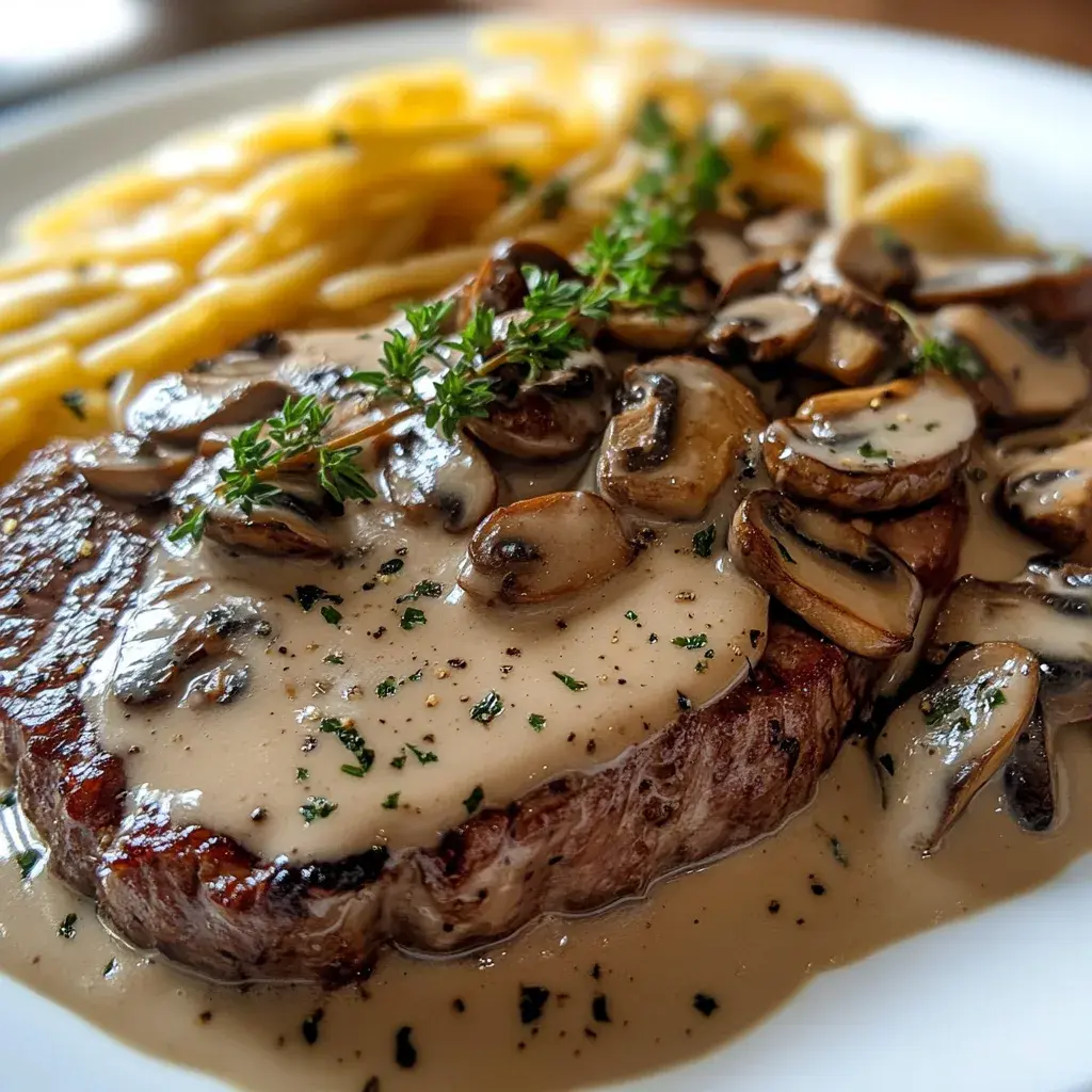 Creamy mushroom sauce being poured over a perfectly cooked steak