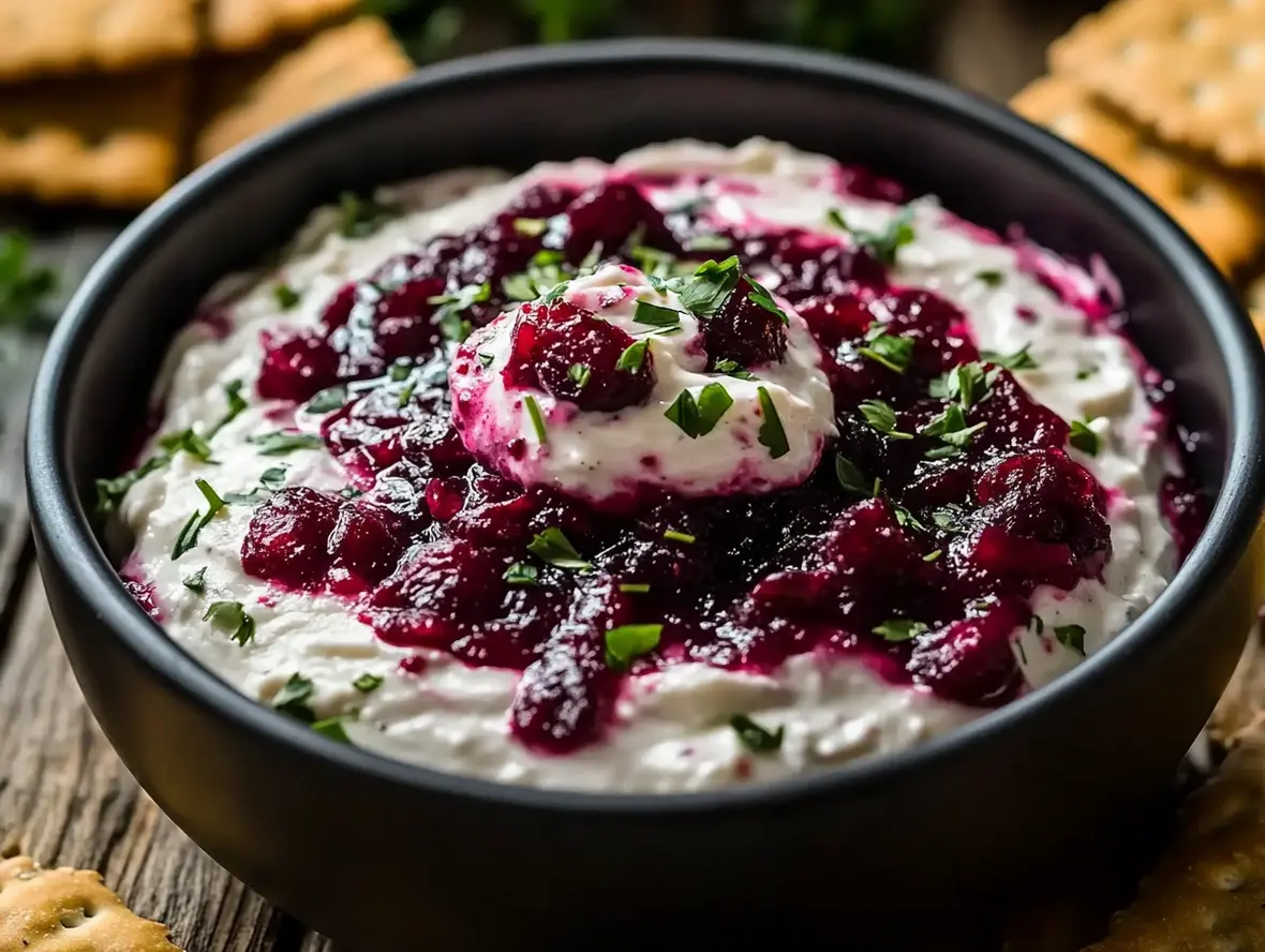 Close-up of Cranberry Jalapeño Dip with crackers and vegetables.