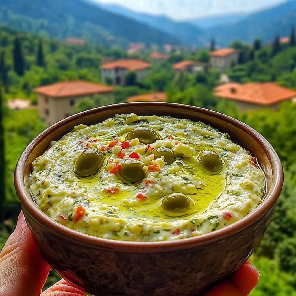 Close-up of Green Olive and Feta Cheese Dip being scooped with a pita chip.