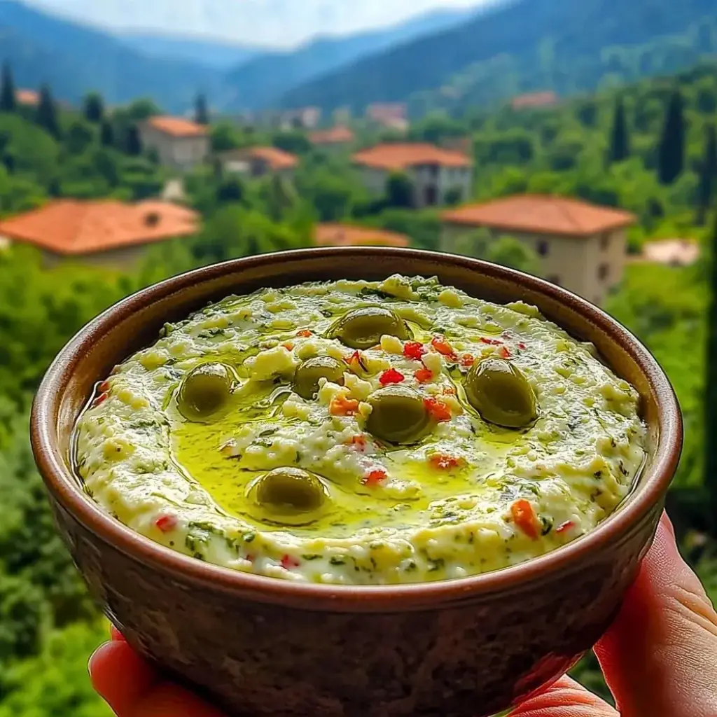 Green Olive and Feta Cheese Dip in a bowl with pita bread and vegetables.