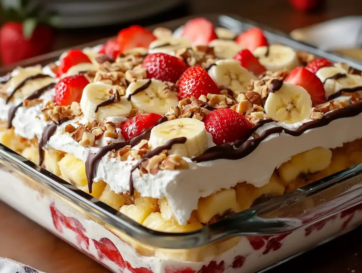 A slice of No-Bake Banana Split Cake on a plate, garnished with chocolate syrup and cherries.