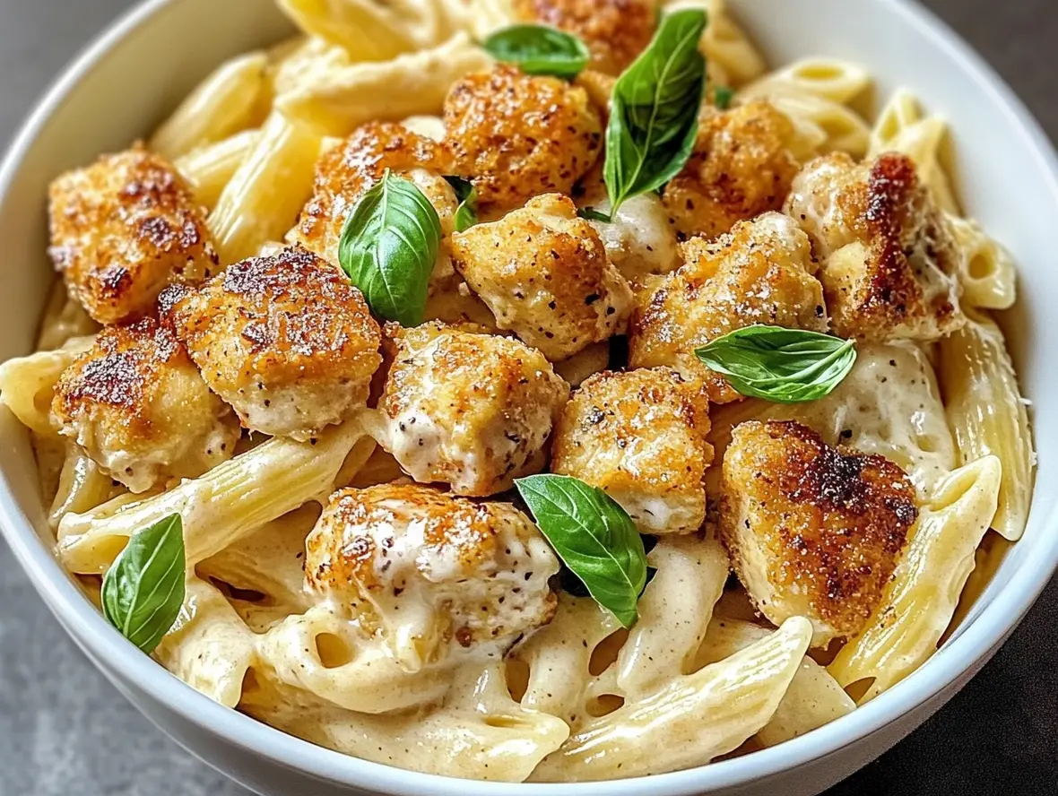 Close up of creamy parmesan pasta with chicken bites.