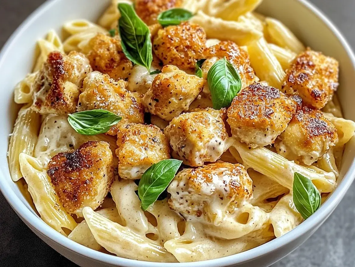 Creamy Parmesan Pasta with Garlic Butter Chicken Bites ready to be served.