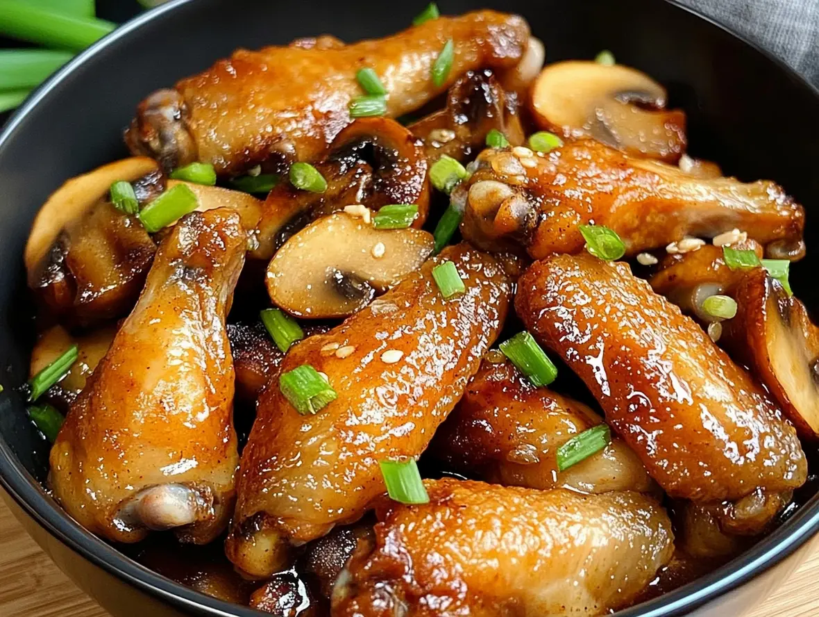Close-up of creamy mushroom chicken with herbs