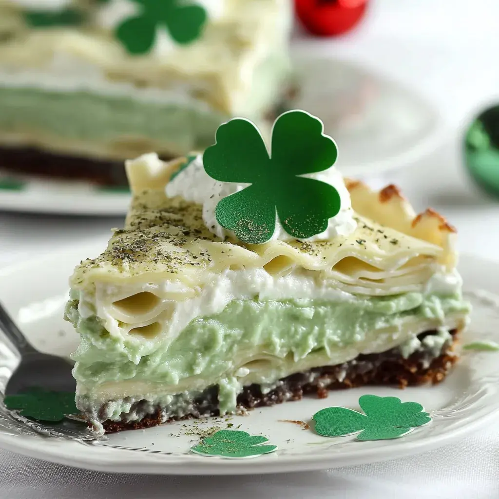 Close-up of a slice of St. Patrick’s Day Shamrock Lasagna Dessert, showing the creamy layers.