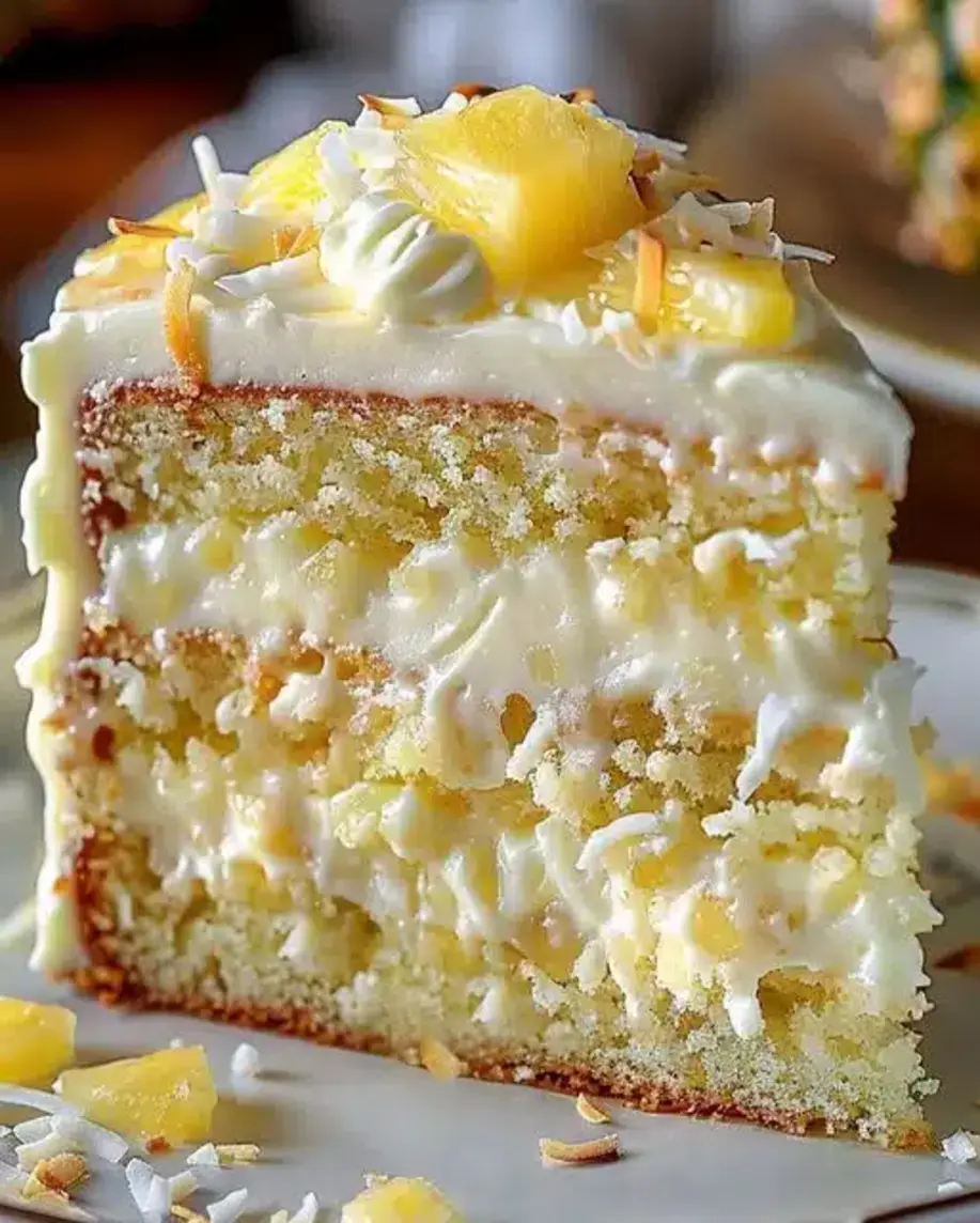 Close-up of a slice of Pineapple Coconut Dream Cake, showing its moist texture and frosting.