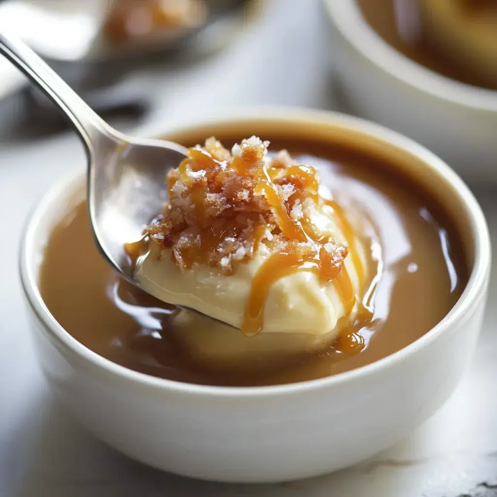 Close-up of homemade butterscotch pudding in clear ramekins, showing its smooth, creamy texture.