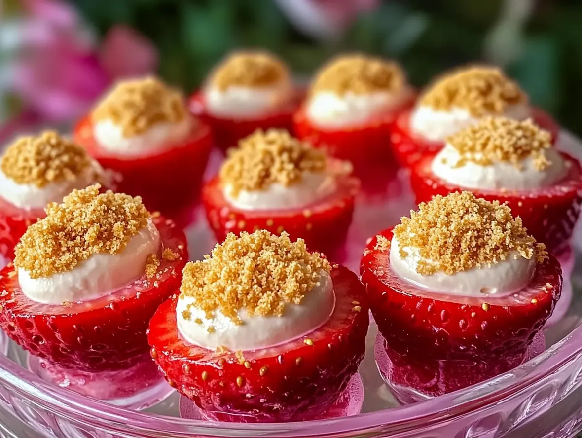 Close-up of a deviled strawberry with cheesecake filling, perhaps with a garnish.