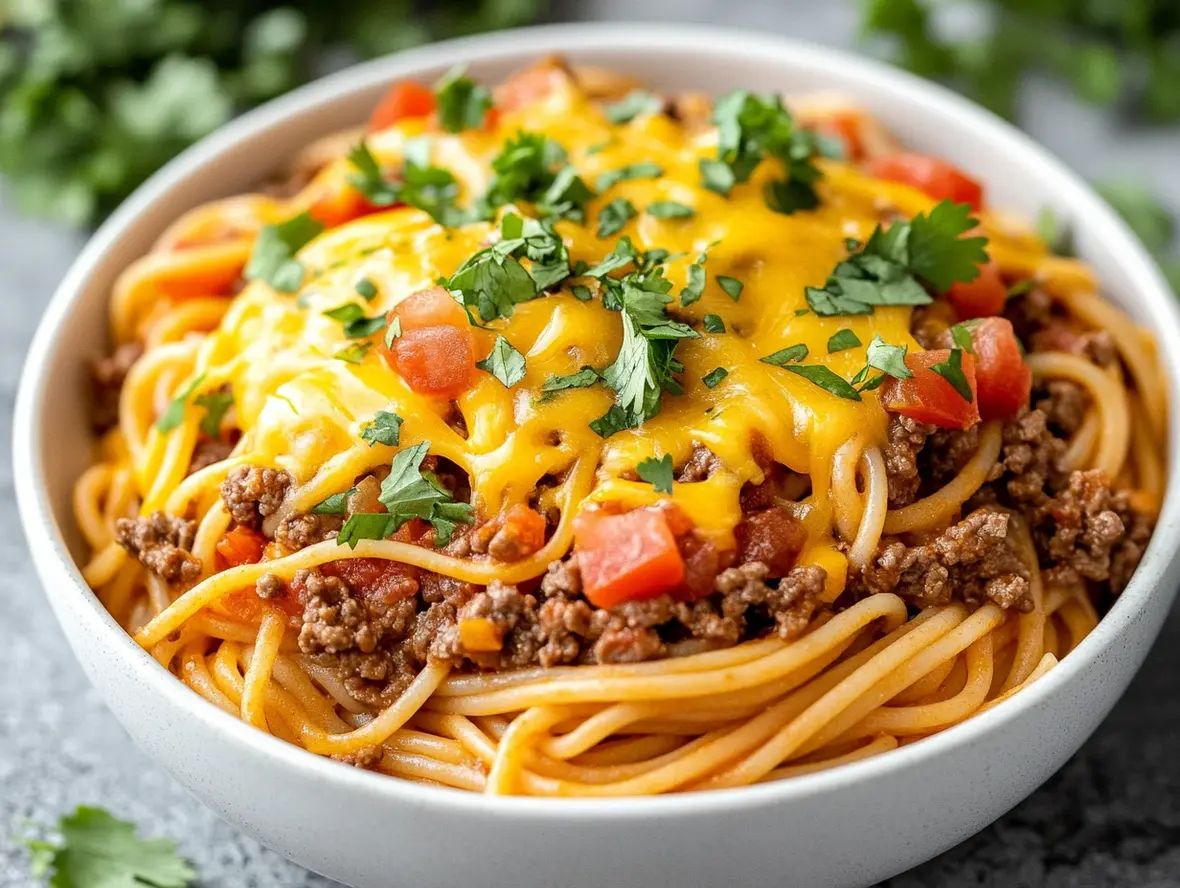Close-up of Crockpot Taco Spaghetti with cheese and toppings