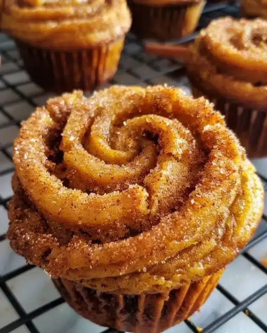 A stack of three cinnamon sugar swirl muffins on a cooling rack, with one muffin slightly broken to show the swirl inside.