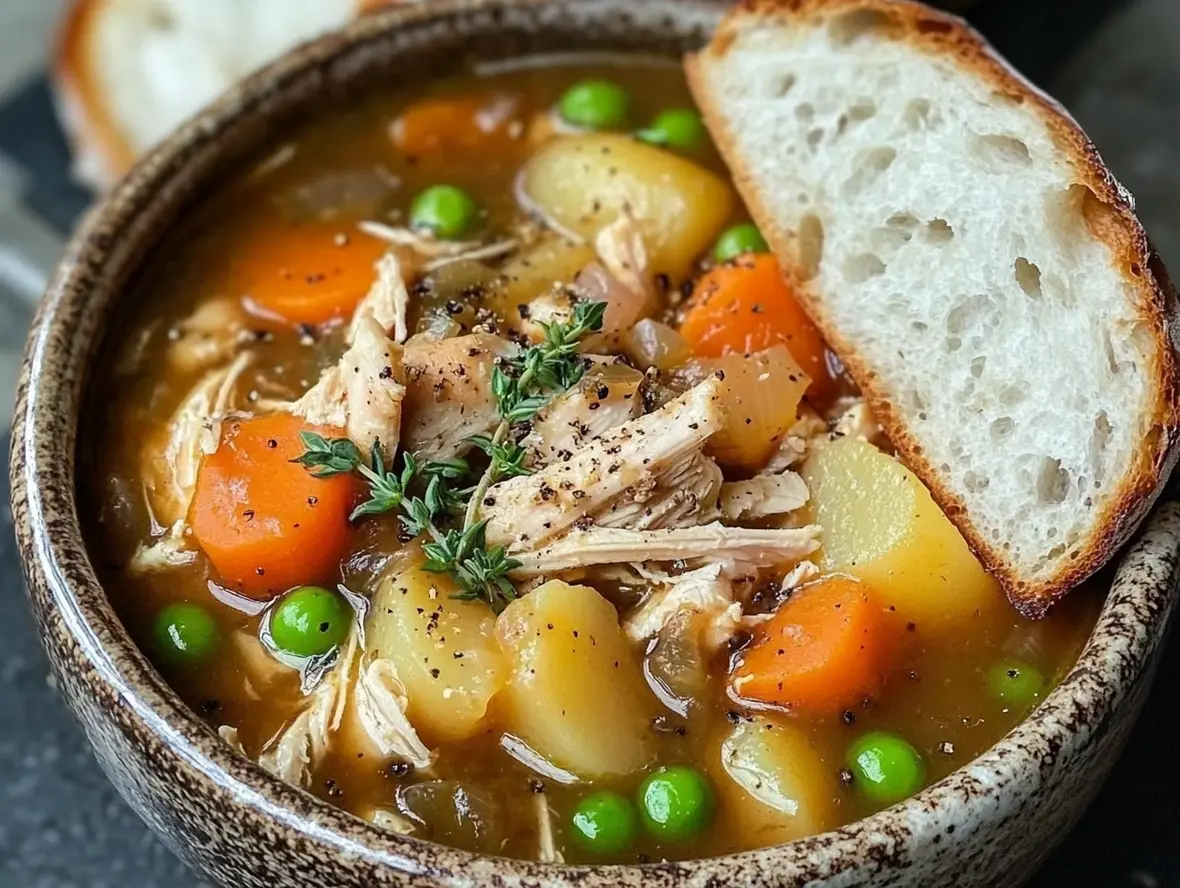 A close-up shot of the chicken vegetable stew, highlighting the textures of chicken and vegetables.