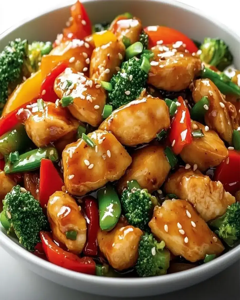 Close-up of Honey Garlic Chicken Stir-Fry with broccoli and peppers