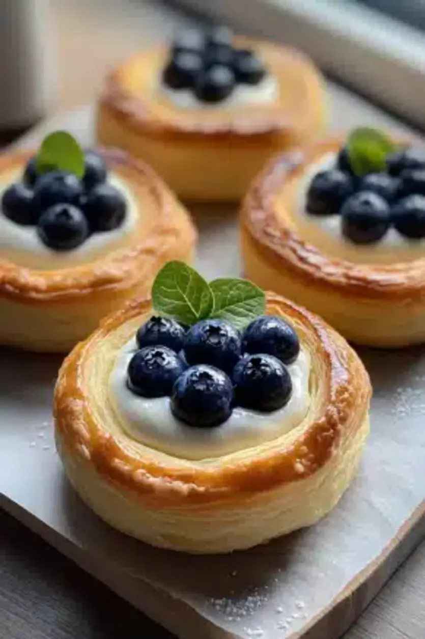 Close-up of a blueberry pastry ring with vanilla cream, showing the flaky layers and berry filling.