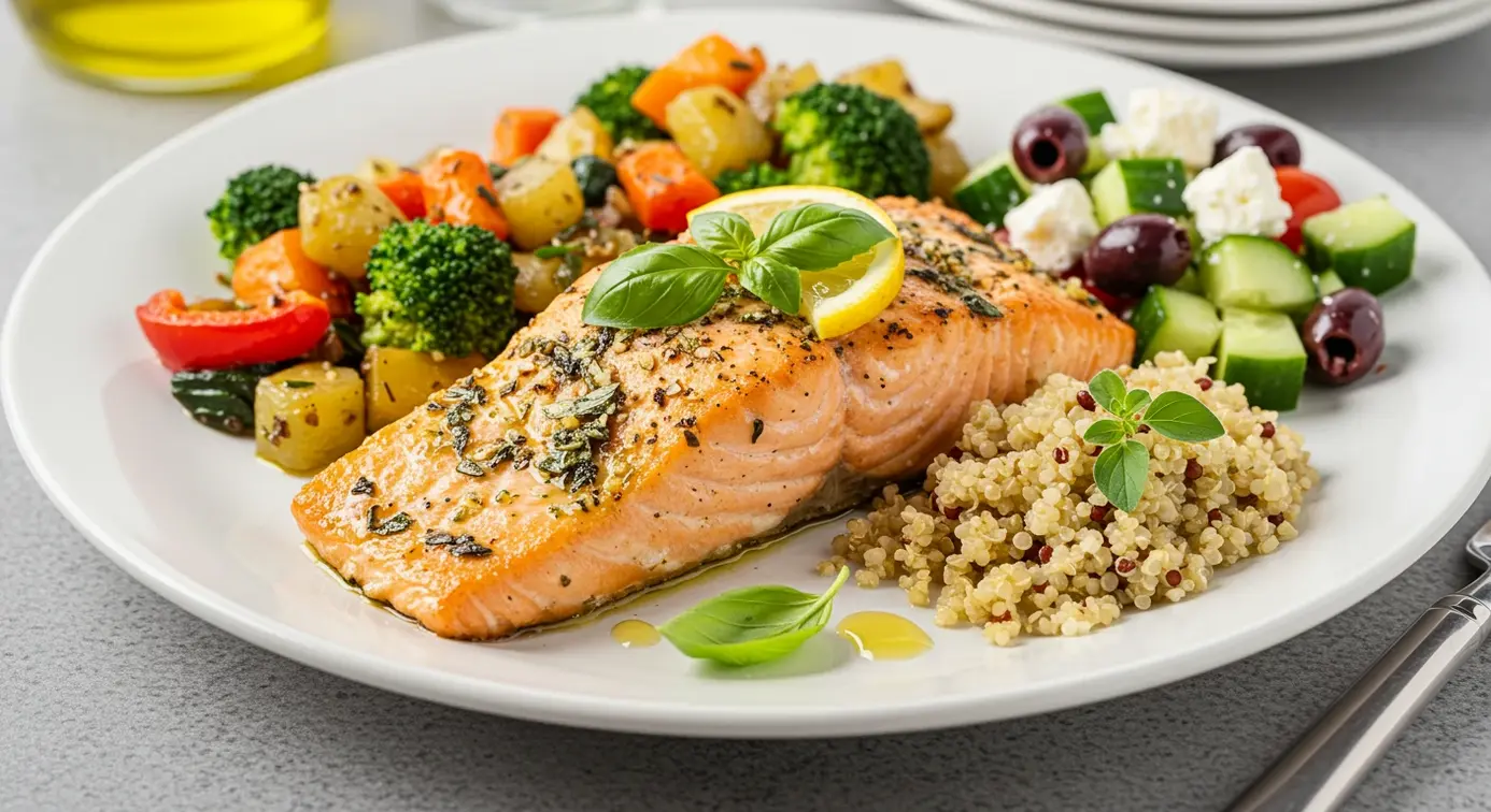 Close-up of a cooked salmon fillet on a plate, topped with tomatoes, olives, and feta cheese, ready to be eaten.