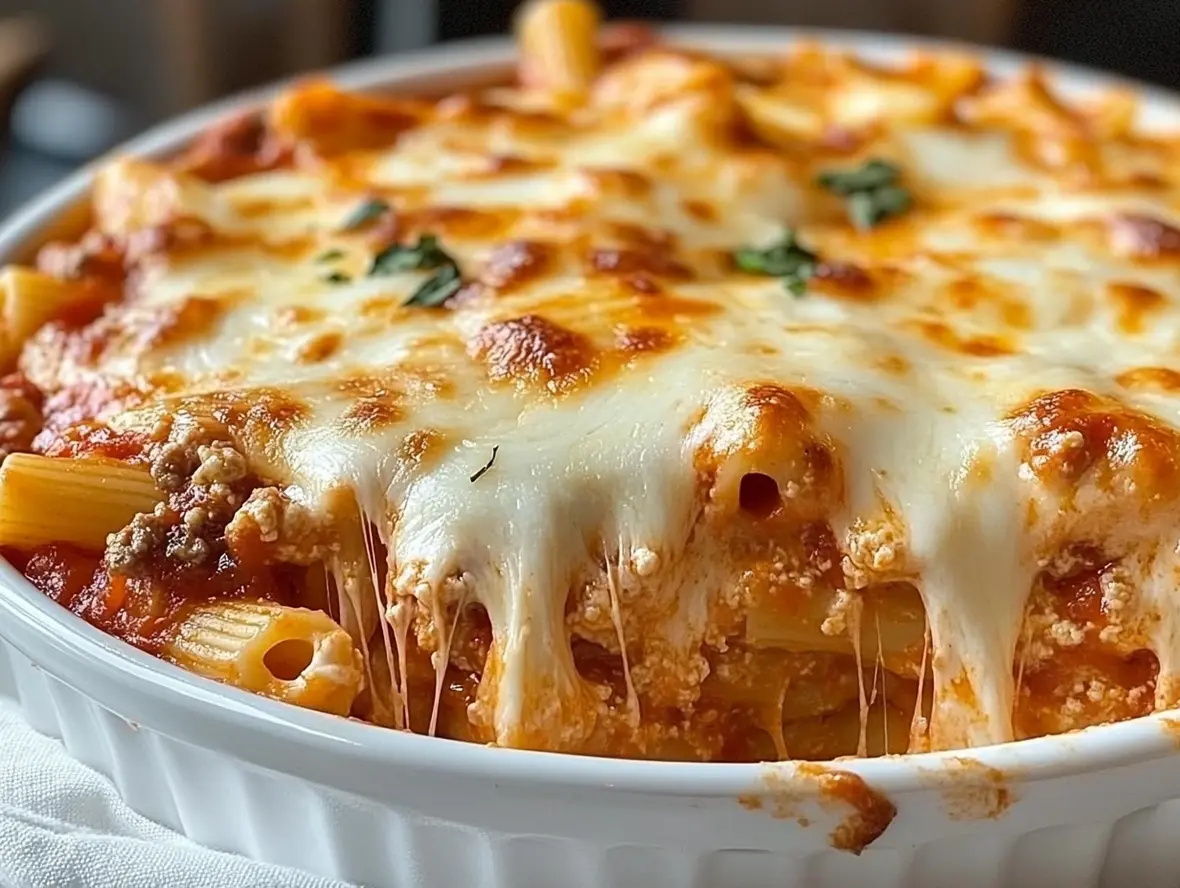 A close-up shot of a serving of Ground Beef Baked Ziti, showing the layers of pasta, sauce, and cheese.