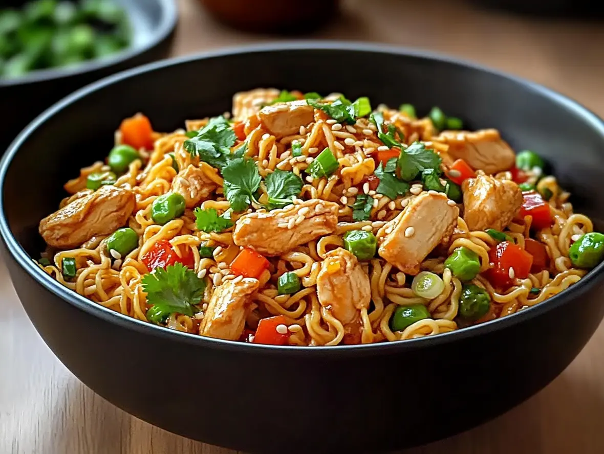 Close-up of chicken ramen stir fry with vegetables