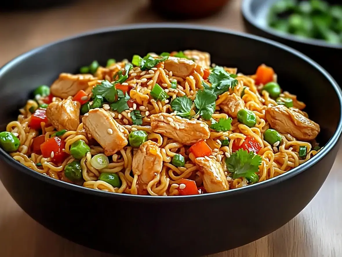 A delicious bowl of chicken ramen stir fry