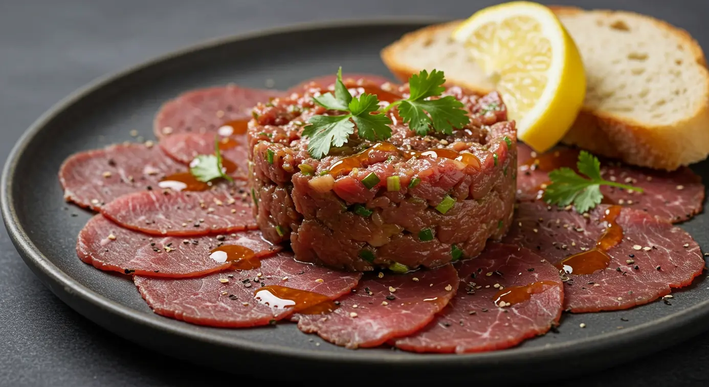 A close-up shot of a beautifully presented beef tartare appetizer, with a quail egg yolk on top.