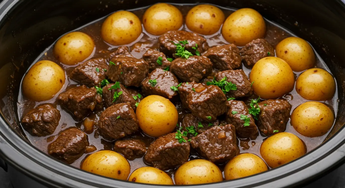 Close up of tender steak and potatoes in a bowl with gravy