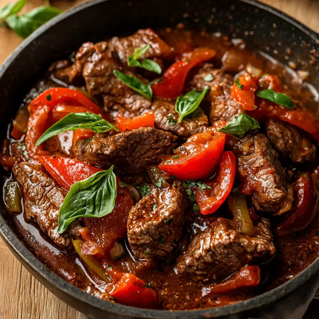 Steak Pizzaiola served with pasta and garnished with fresh basil.