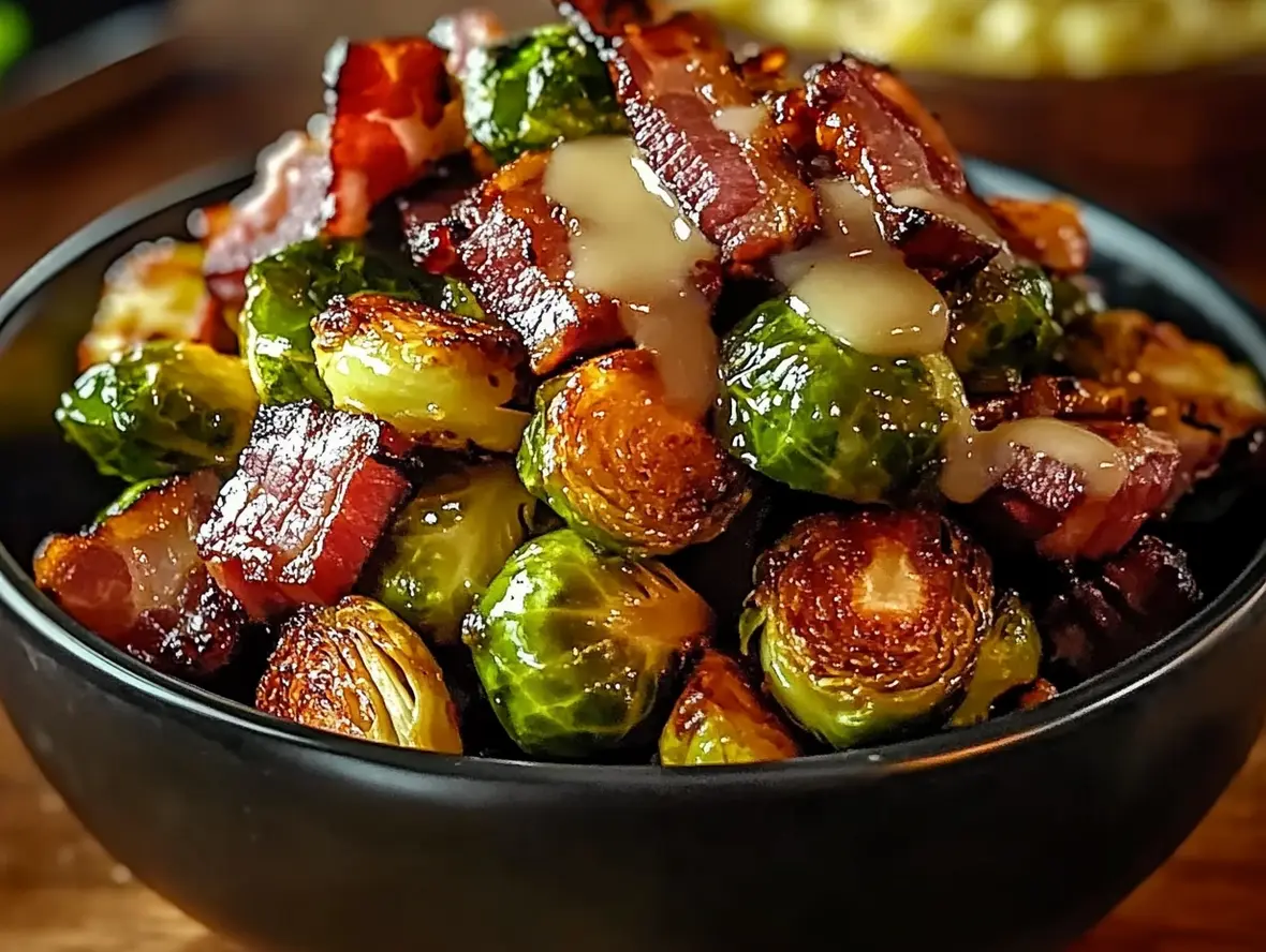 Close-up of Honey Glazed Roasted Brussels Sprouts with Crispy Turkey Bacon