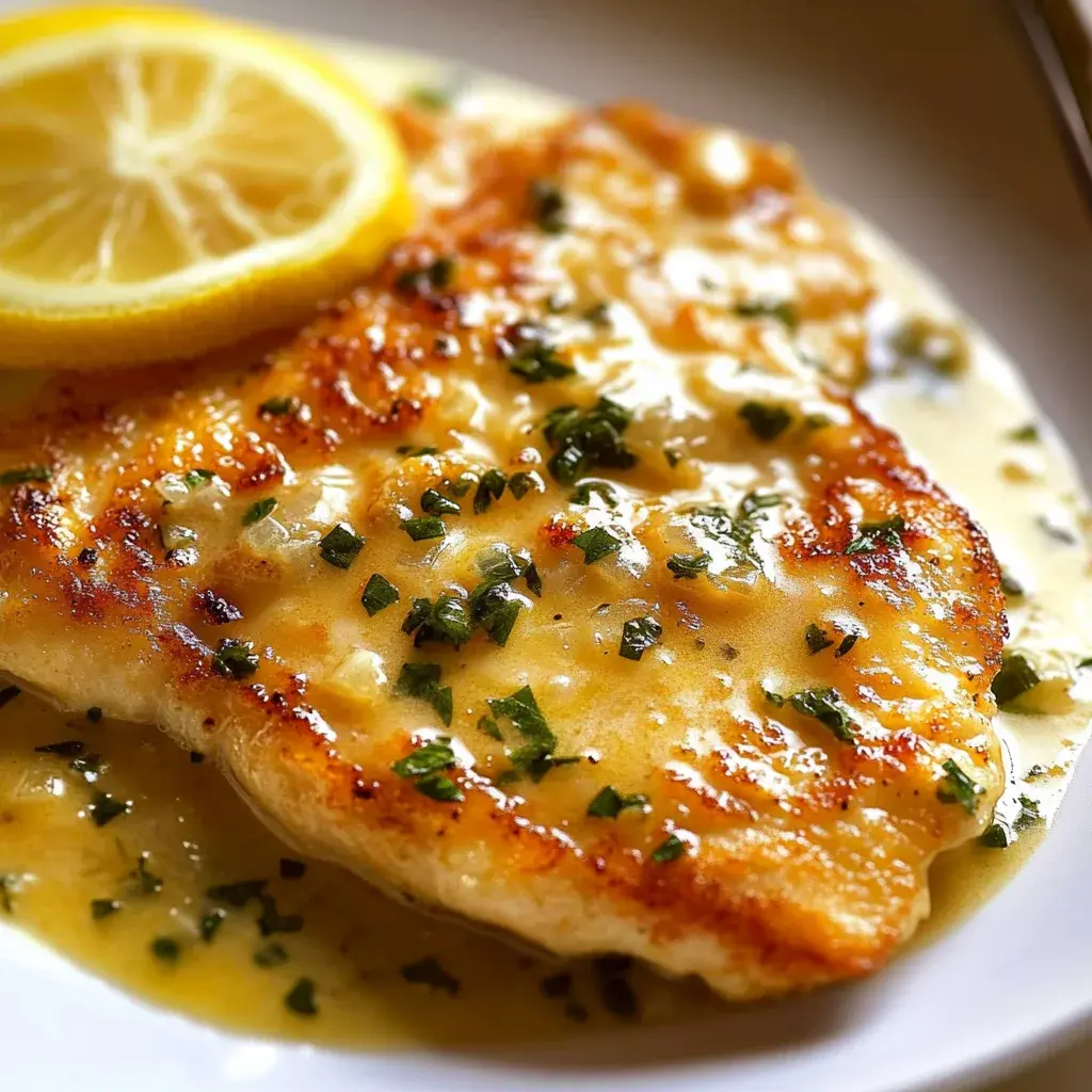 A close-up of chicken piccata in a skillet with lemon sauce being spooned over it.