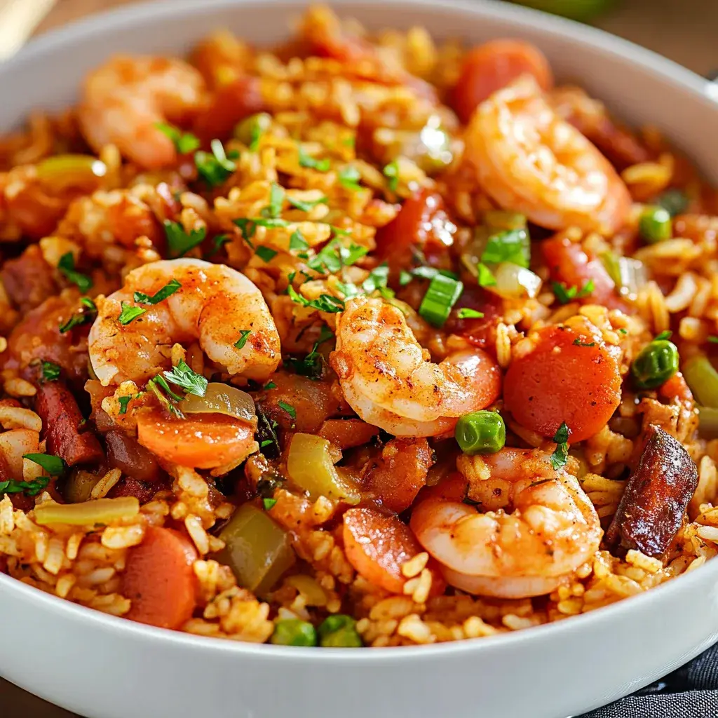 Close-up of a pot of cooked jambalaya, showing the different ingredients.
