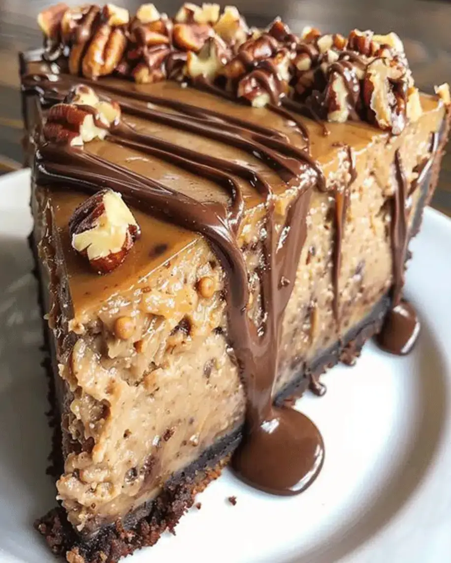 A close-up of the caramel chocolate cheesecake, showing creamy texture and pecan topping