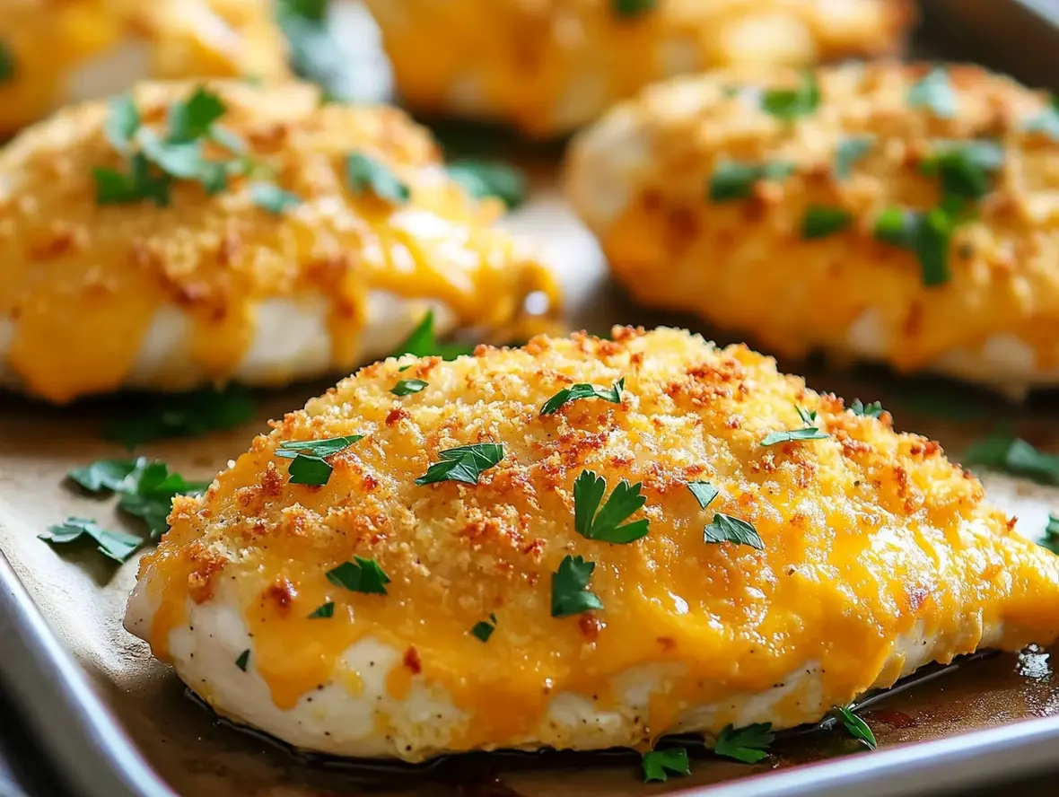 Close-up of Crispy Cheddar Chicken on a plate, showing its golden crust