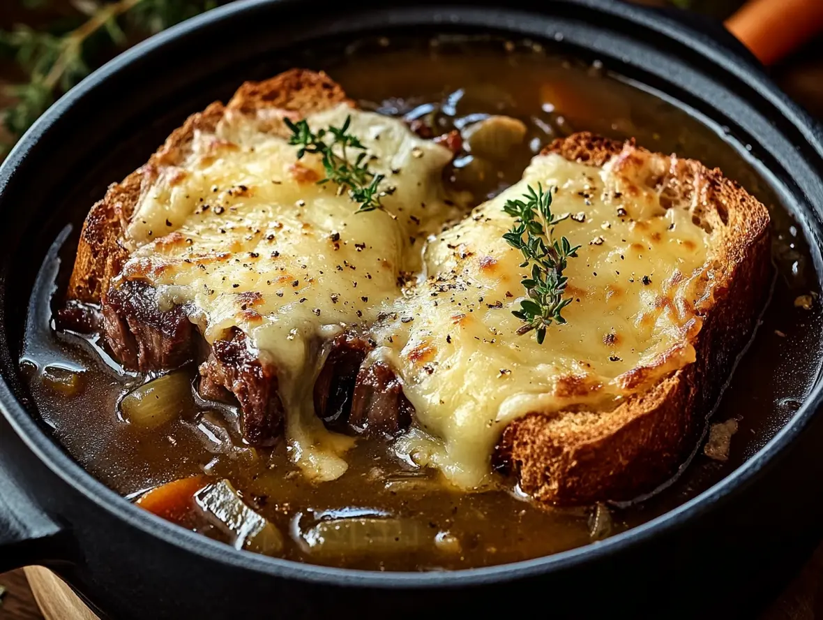 A steaming bowl of short rib soup garnished with parsley.