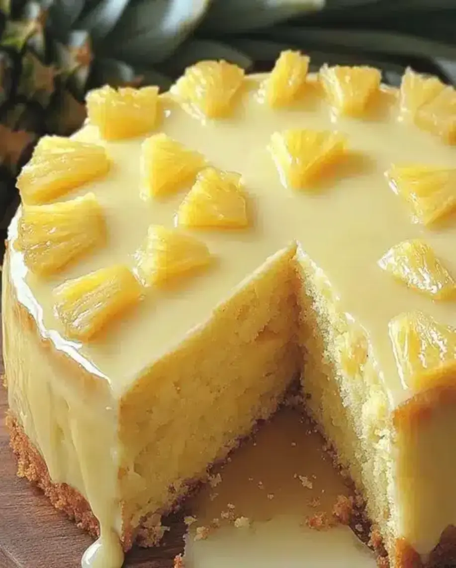 Close-up of a slice of pineapple cake showing its moist texture.