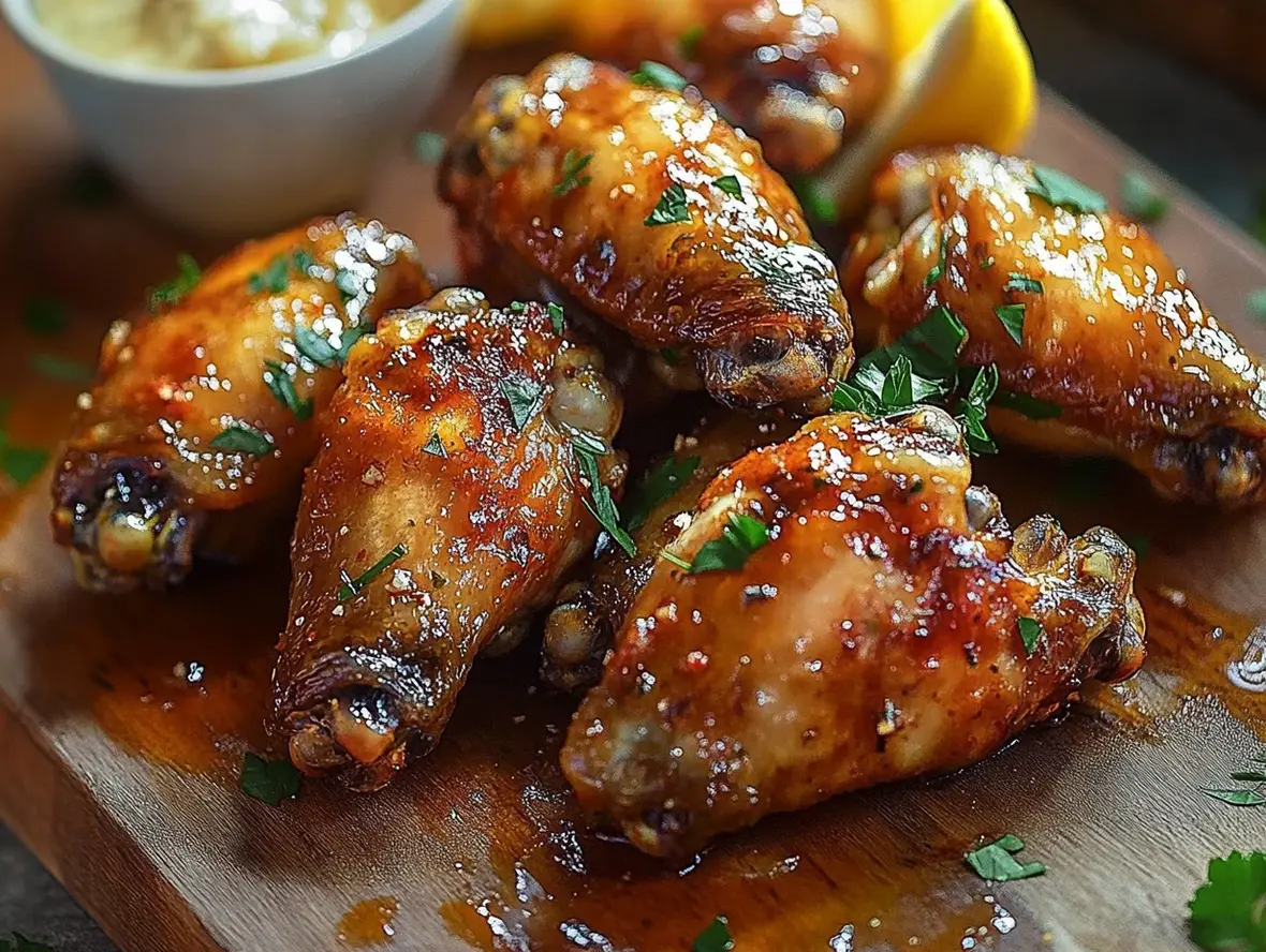 Close up of glazed Lemon Garlic Chicken Wings