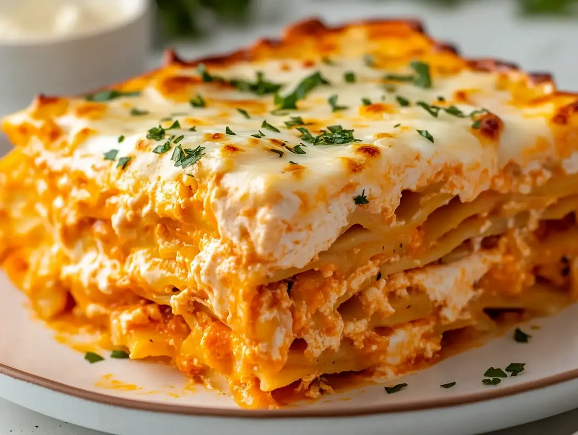 A slice of Buffalo Chicken Lasagna on a plate, showing the layers of pasta, chicken, and cheese.