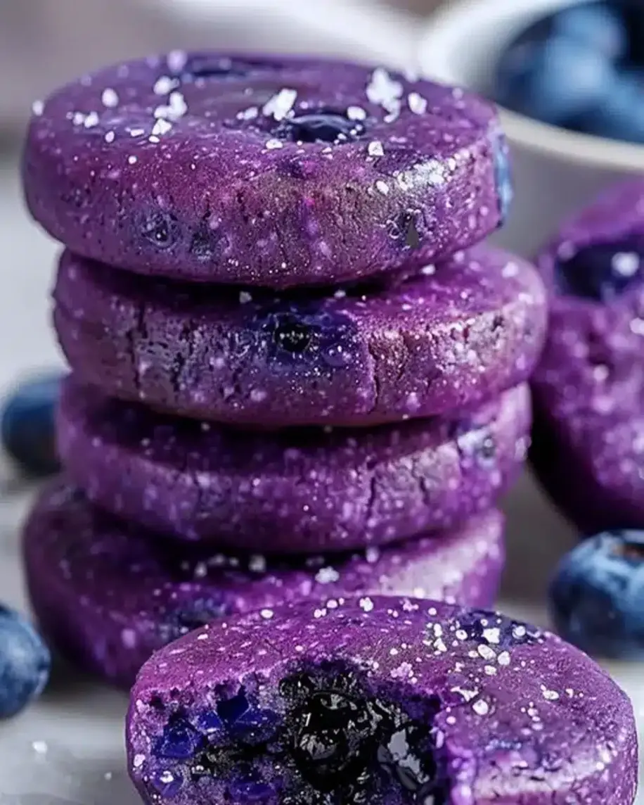 A stack of freshly baked blueberry heaven cookies, showcasing their soft texture and blueberry chunks.
