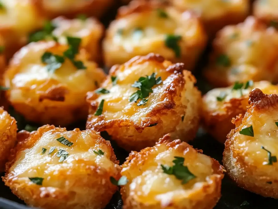 A close-up of a creamy, savory beef-filled crescent roll bite, showcasing its flaky texture.