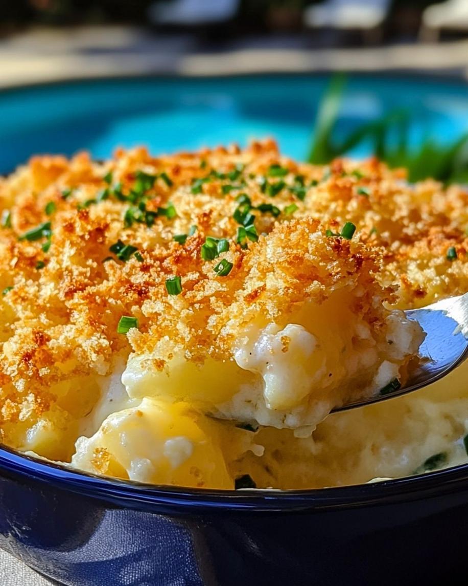 A serving of funeral potatoes in a white bowl, showcasing the creamy interior and crispy topping.
